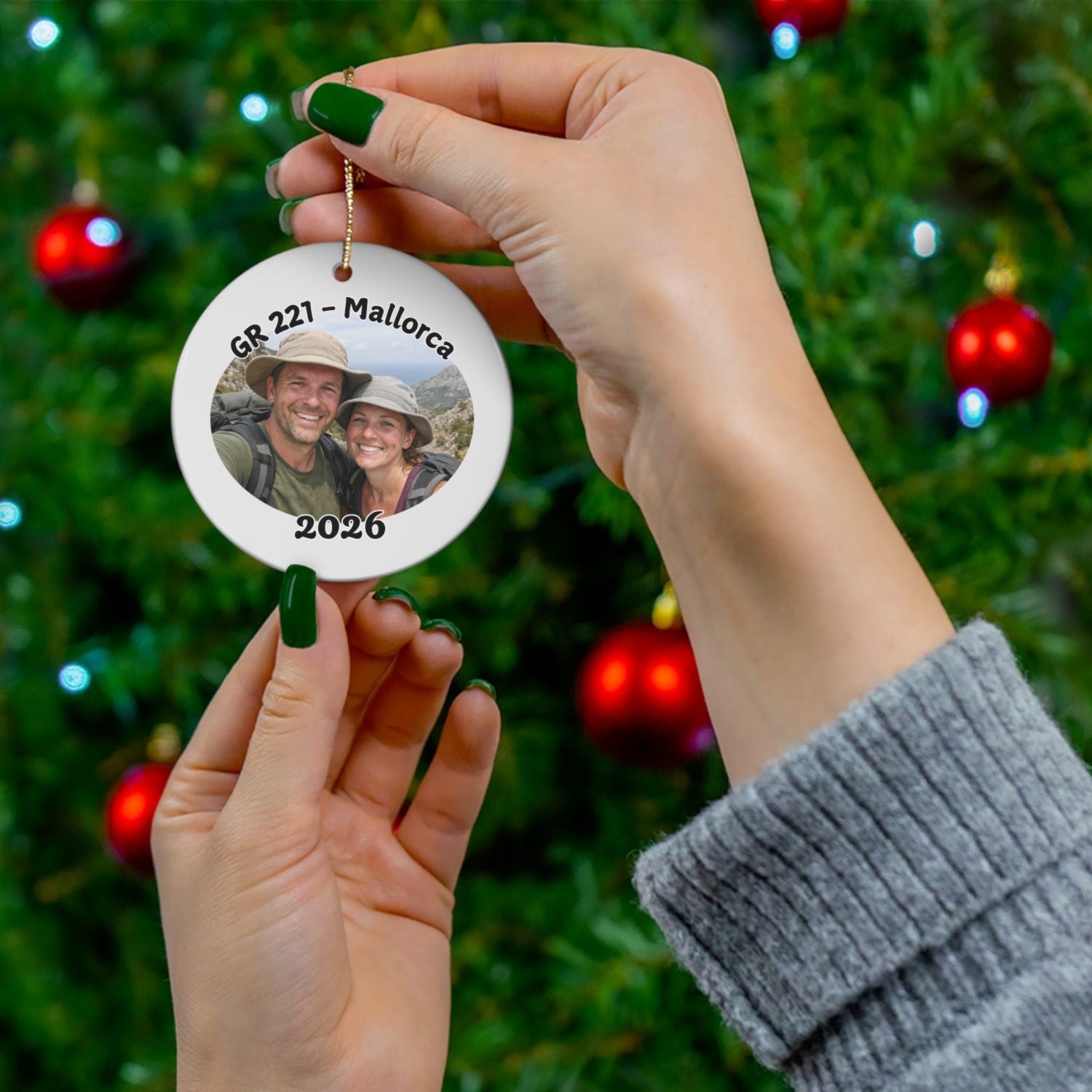 GR 221 Trockenmauerweg photo ornament shown in front of Christmas tree.