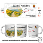 Flat layout of the full wrap design showing watercolor valley scene, red route line Oviedo to SdC, scallop shell icon, and space for dates/message.