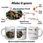 Customizable white ceramic mug mockup showing the printed trail map design from multiple angles, with placeholder photo areas and text such as 'Our Camino Trail' and 'Up to 2 small revisions included'.
