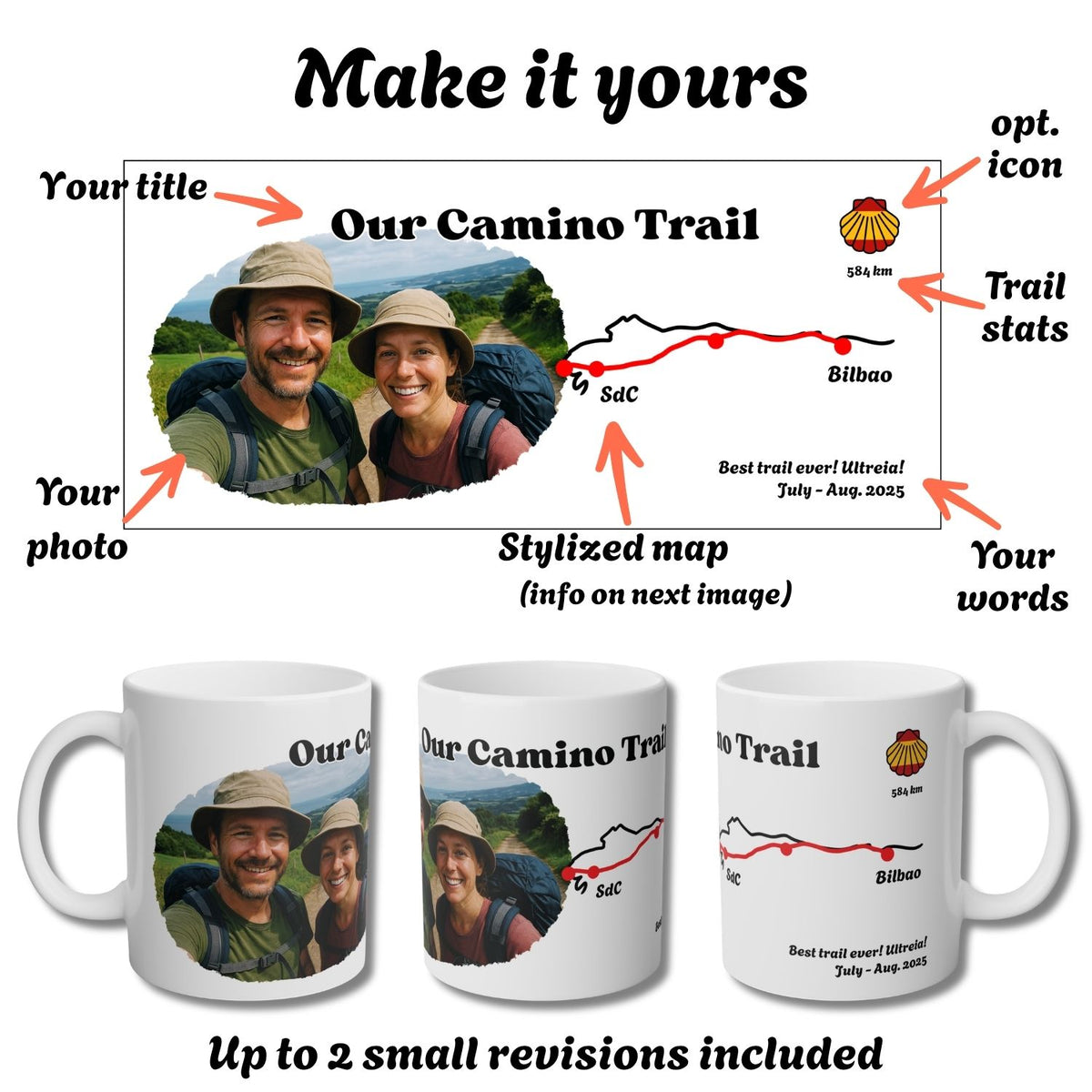 Customizable white ceramic mug mockup showing the printed trail map design from multiple angles, with placeholder photo areas and text such as 'Our Camino Trail' and 'Up to 2 small revisions included'.