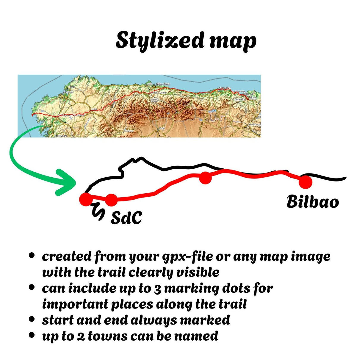 A digital graphic explaining how to create a stylized map trail, showing a topographic map of SdC with a red highlighted path, three red dots, and the towns SdC and Bilbao. Below, bullet points describe the features of the map file.