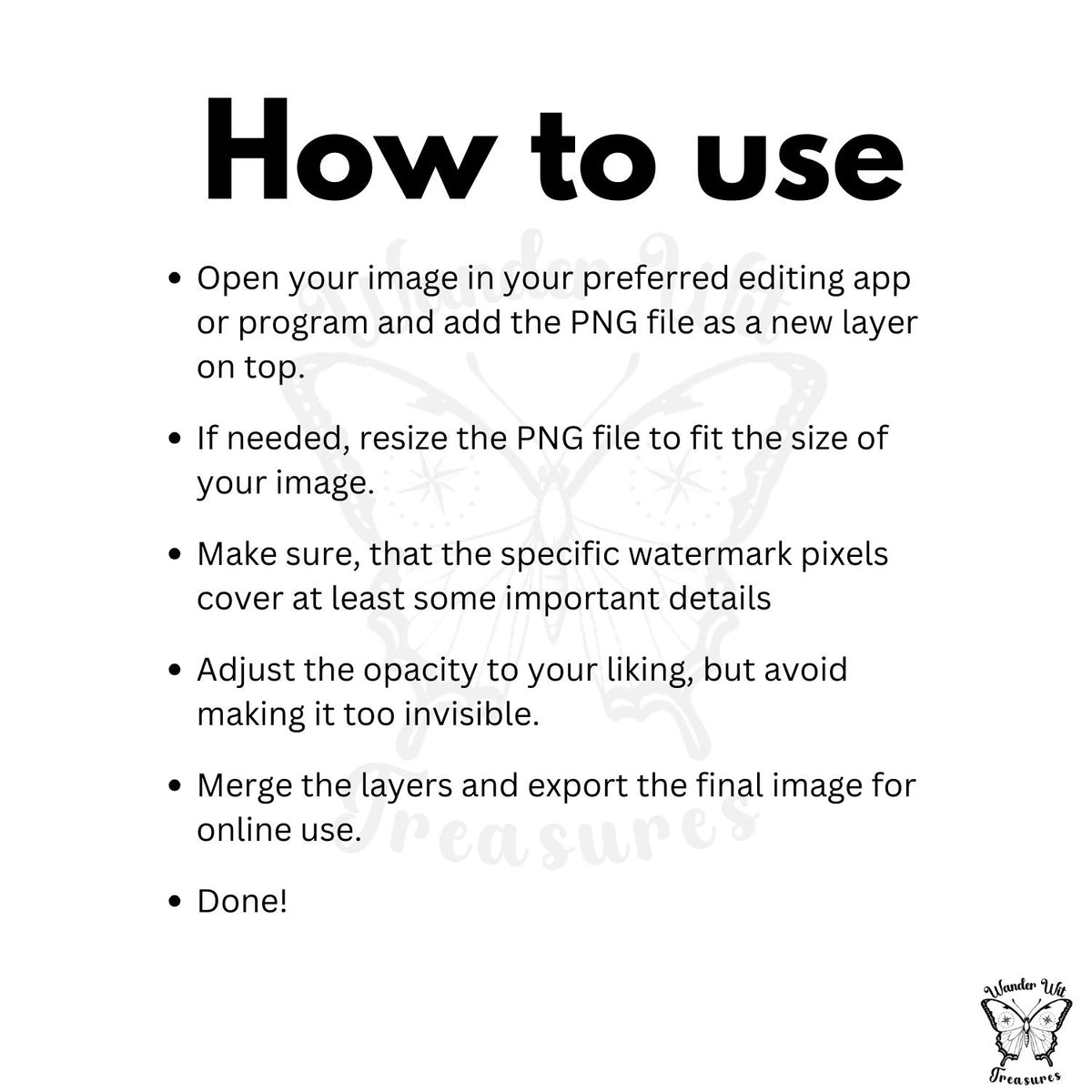 Step-by-step guide showing how to apply the AI-safe watermark PNG as a layer, resize it, adjust opacity and export the final image.