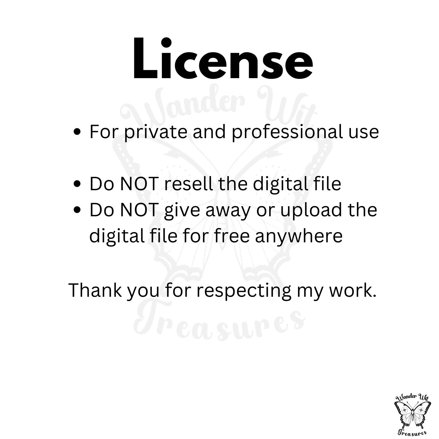 License information for the AI-safe watermark PNG. For private and professional use only. Digital file may not be resold, shared or redistributed.