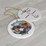 Two circular ornaments with 'Rota Vicentina' design showing front and back of Historical Way trail design on a wooden surface