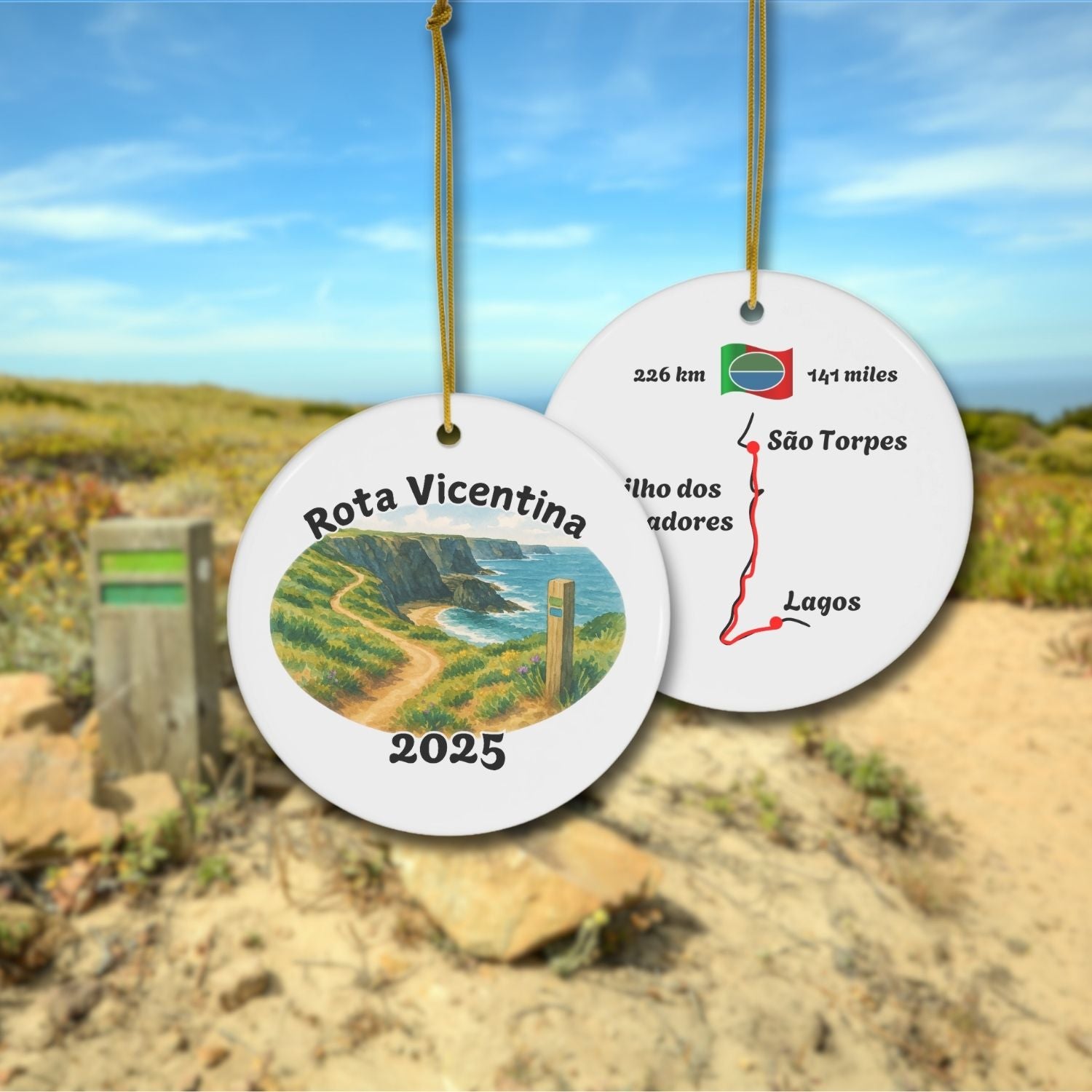 Rota Vicentina ornament coastal version front with watercolor trail scene and back with map from São Torpes to Lagos. Background with FIshermen's trail photo.