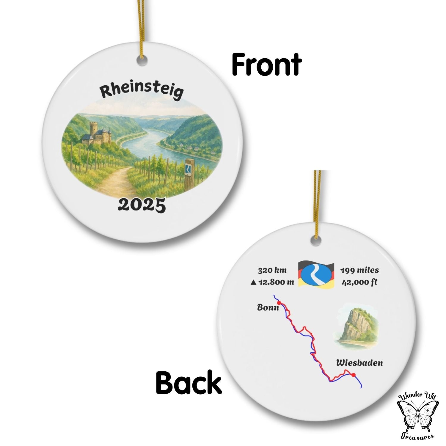 Double-sided Rheinsteig trail ornament with front view of the river and vineyards, and back with map and trail stats.