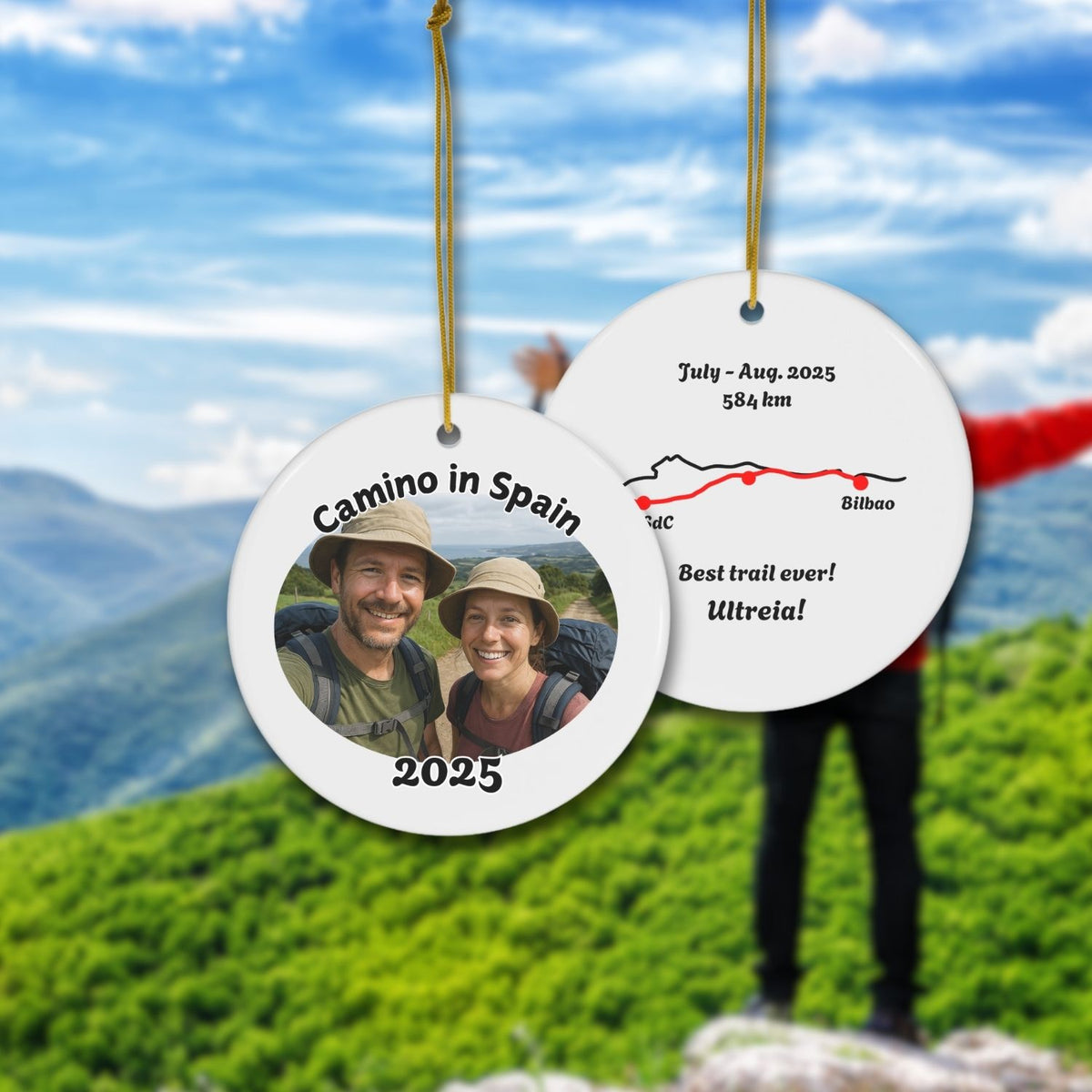 A custom ceramic ornament with a hiker's own photo on the front and a stylised map of their route on the back, shown with a sample photo