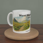 Video of a white West Highland Way mug turning slowly, showing both editions: the watercolour map and the photo version.