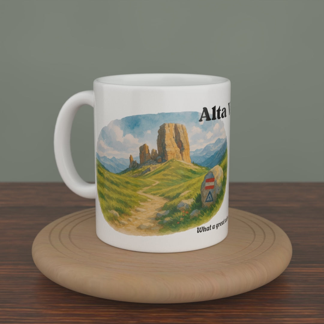 Video of a white Alta Via 1 mug turning slowly, showing both editions: the watercolour map and the photo version.