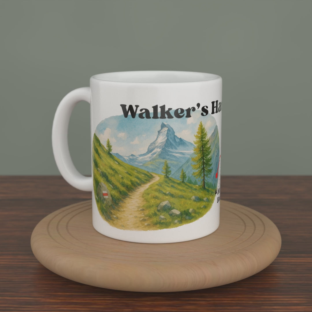 Video of a white Walker's Haute Route mug turning slowly, showing both editions: the watercolour map and the photo version.