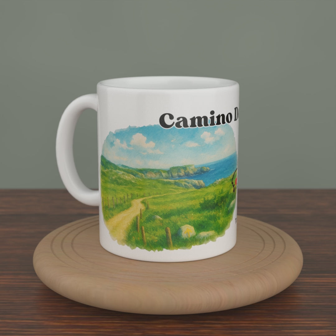 Video of a white Camino del Norte mug turning slowly, showing both editions: the watercolour map and the photo version.