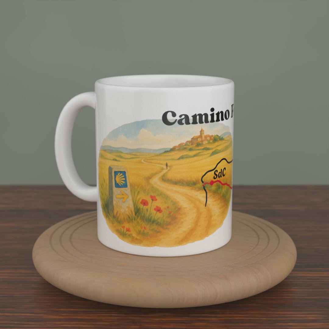 Video of a white Camino Frances mug turning slowly, showing both editions: the watercolour map and the photo version.